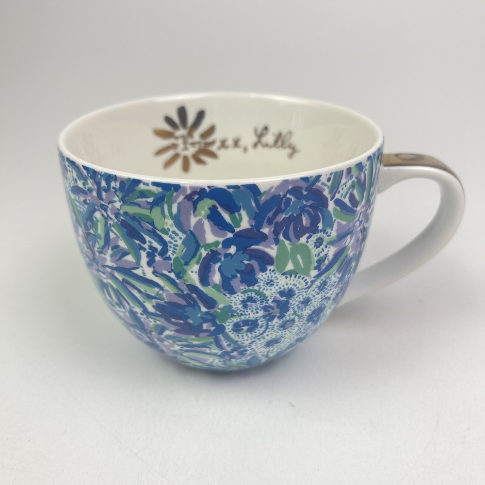 Lilly Pulitzer Coffee Mug 12 oz Blue Green Gold Trim Tiger Lily Floral‎ Lion